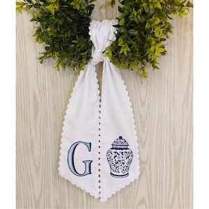 Embroidered Grand Millennial Ginger Jar Initial Ric Rac Wreath Sash, Personalized Front Door Decor