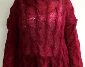 Bordeauxrode mohairtrui, handgemaakte oversized trui, grof gebreide kabeltrui, zachte pluizige trui