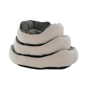 May include: Three beige corduroy pet beds stacked on top of each other. The beds have a soft, gray interior and a black base. The beds are round and have a raised edge.