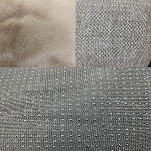 Op de afbeelding: Een close-up afbeelding met drie verschillende texturen. De linkerbovenhoek toont een zachte, lichtbruine imitatiebont. De rechterbovenhoek toont een grijze, geweven stof. Het onderste gedeelte toont een grijze stof met kleine, gelijkmatig verdeelde, witte stippen.