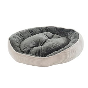 May include: An oval pet bed with a corduroy exterior in a light beige color. The interior features a plush, gray cushion. The bed is designed to provide comfort and support for small pets.
