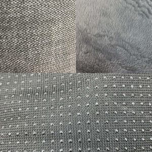 May include: A close-up of three different gray fabric textures. The top left shows a diamond pattern, the top right has a fluffy texture, and the bottom has a dotted pattern.