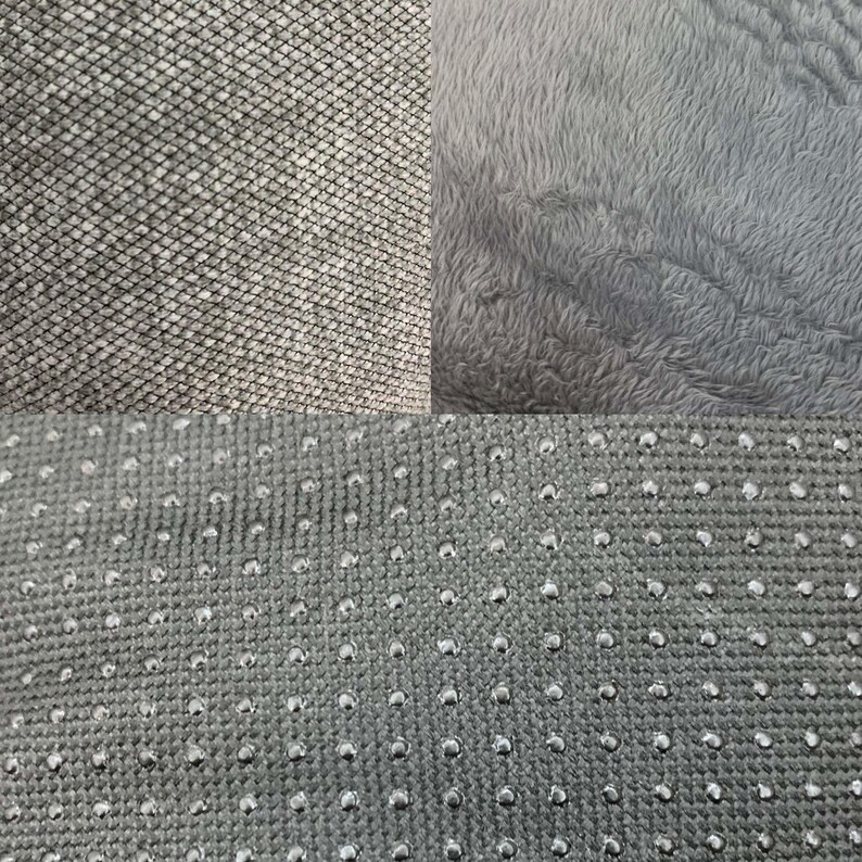 May include: A close-up of three different gray fabric textures. The top left shows a diamond pattern, the top right has a fluffy texture, and the bottom has a dotted pattern.