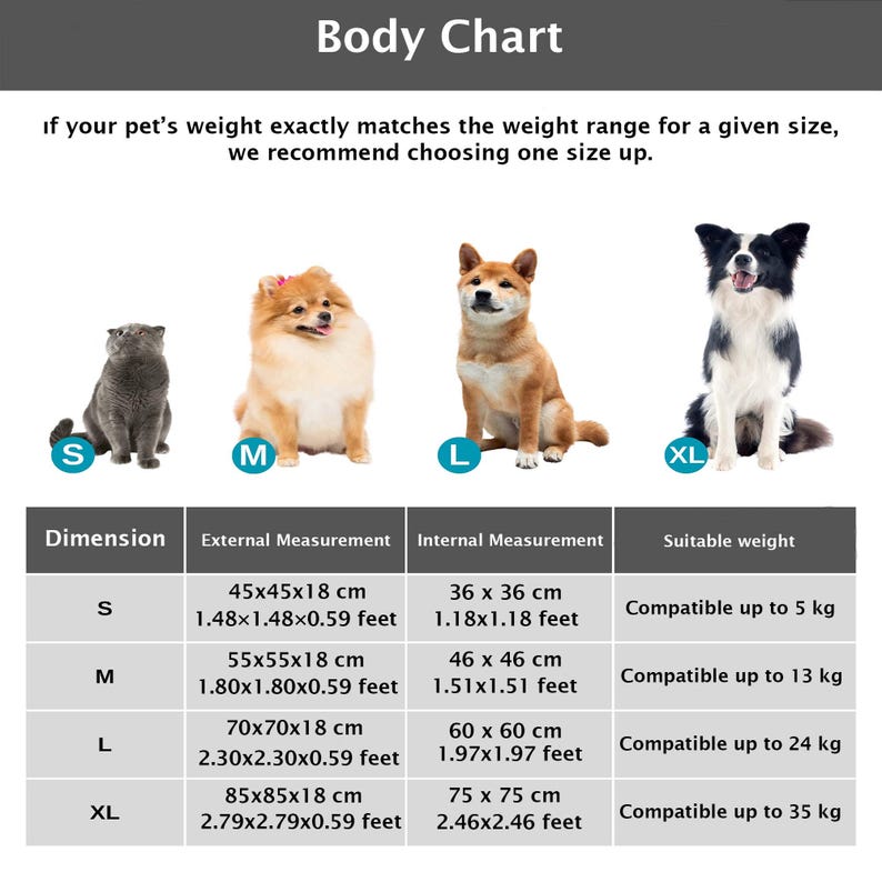 May include: Body chart with size dimensions for pets, including external and internal measurements in feet and centimeters, and suitable weight in kilograms. The chart features illustrations of a cat and three dogs, labeled S, M, L, and XL.
