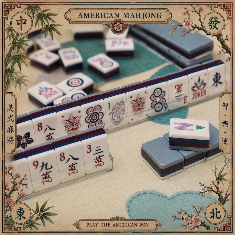 Blå fyrlagers akryl amerikansk stil Mahjong med blommönsterdesignplattor för hemunderhållning bild 7