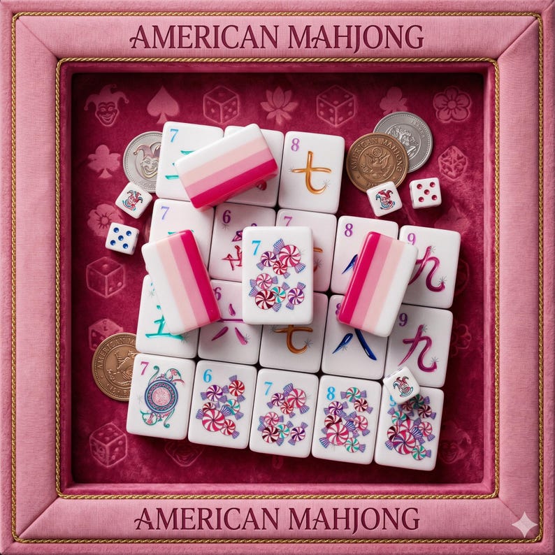May include: An American Mahjong set featuring white tiles with colorful candy graphics, numbers, and symbols. The tiles are arranged in a pink velvet-lined tray with the text AMERICAN MAHJONG printed on the top and bottom frame borders.