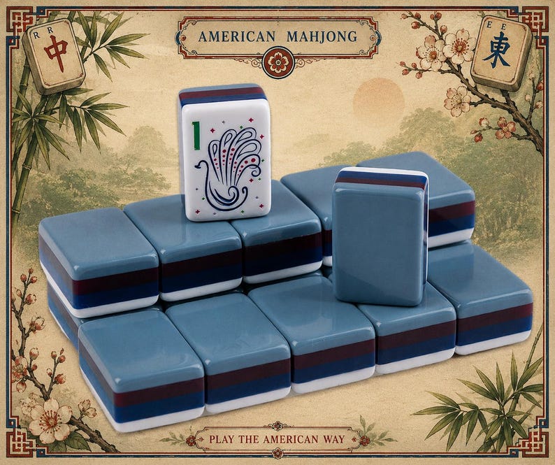 Blå fyrlagers akryl amerikansk stil Mahjong med blommönsterdesignplattor för hemunderhållning bild 4