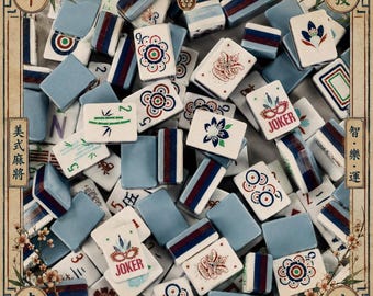 Blue Four-Layer Acrylic American-Style Mahjong with Floral Pattern Design Tiles for Home Entertainment
