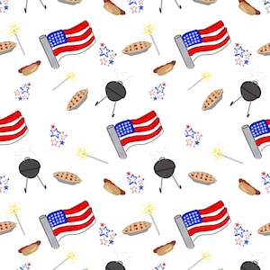 May include: A repeating pattern on a white background featuring illustrations of American flags, black charcoal grills, hot dogs in buns, golden sparklers, and small red and blue star outlines. The design elements are arranged in a scattered layout.