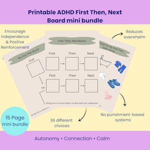 Pode incluir: Um mini pacote imprimível da tabela ADHD First Then, Next Board. A tabela bege apresenta um cronograma visual com caixas rotuladas como "First", "Then" e "Next". A imagem inclui texto como "Incentivar a independência e o reforço positivo" e "36 opções diferentes."