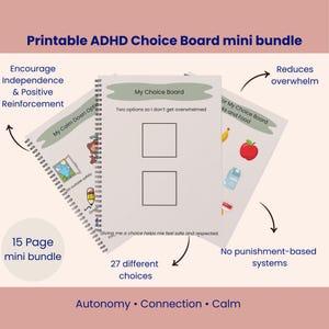 以下が含まれることがあります： 「My Choice Board」のテキストが入った、印刷可能なADHDチョイスボードミニバンドル。ボードには27種類の選択肢があり、自立と積極的な強化を促します。バンドルには15ページが含まれており、圧倒感を軽減します。