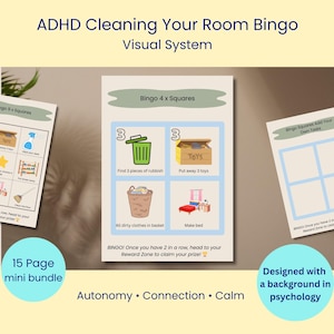 May include: ADHD Cleaning Your Room Bingo visual system with task cards. The cards feature illustrations of cleaning tasks like putting away toys and making the bed. The text includes "15 Page mini bundle" and "Designed with a background in psychology."