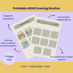 May include: Two printable ADHD evening routine sheets on a purple background. The sheets have a light green design with prompts for tasks like eating dinner, brushing teeth, and taking a bath or shower. Text includes "Supports transitions" and "Encourages independence."