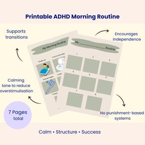 May include: Printable ADHD Morning Routine with a calming tone. The design includes a checklist with illustrations for wake up, toilet, brushing teeth, and packing. The text includes "Supports transitions", "Encourages independence", and "No punishment-based systems".