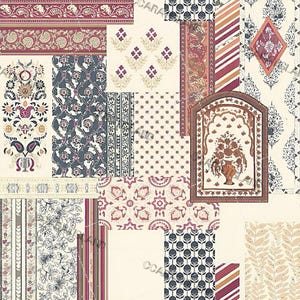 Vintage Blumen Patchwork Muster Digitales Papier, Cozycore Cottage Stoff-Design, handgemachter Hintergrund für Gästebuch, antikes Textil-Collag