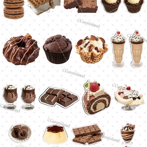 May include: A collection of various desserts, including macarons, waffles with ice cream, brownies, cupcakes with cherries, a donut, a muffin, ice cream in a waffle cone, milkshakes, chocolate bars, a cake roll, a banana split, cookies, custard, and sundaes.