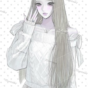 Mysig mjuk flickatröjaillustration, kawaii estetisk digital nedladdning, handgjord teckning gjord i Korea, söt feminin porträtt, minimalistisk förfluten