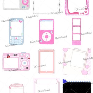 Könnte beinhalten: Eine Sammlung digitaler Illustrationen mit verschiedenen Rahmen und Geräten. Enthält eine rosa Kamera, einen rosa MP3-Player, ein hellblaues Mobiltelefon und ein rosa Tablet. Andere Rahmen haben Herzen und Sterne.