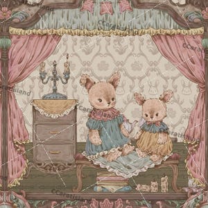 May include: An illustration of two plush bunny dolls in vintage clothing, seated on a decorative bench. The scene is set in a Victorian-style room with pink curtains, a small dresser, and a candelabra. The background features a floral wallpaper.