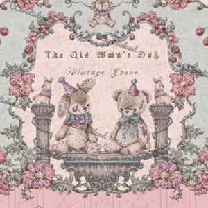 Może przedstawiać: Ilustracja w stylu vintage z różowo-niebieskim kwiatowym wzorem i tekstem "The Old World's Doll Vintage Grove". Obraz przedstawia pluszowe zabawki, w tym misia i królika, z czapkami imprezowymi i falbankami, na dekoracyjnym tle.