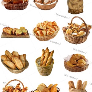 May include: A collection of twelve distinct images featuring various types of bread, including rolls, baguettes, and croissants, displayed in woven wicker baskets, on a wooden cutting board, and inside brown paper bags against a white background.