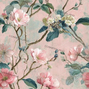 May include: A floral pattern featuring pink flowers, teal leaves, and brown branches against a pink background. The design has a watercolor effect, with visible brushstrokes and a textured appearance. The overall theme is botanical and romantic.
