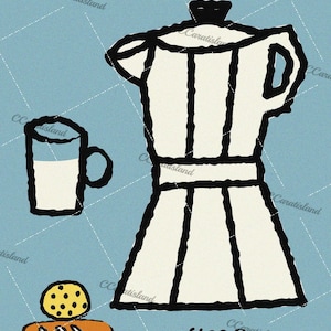 May include: Illustration of a white coffee maker, a mug with milk, and a cookie with a bread slice on a light blue background. The word "coffee" is written in black. The image has a cartoon style.