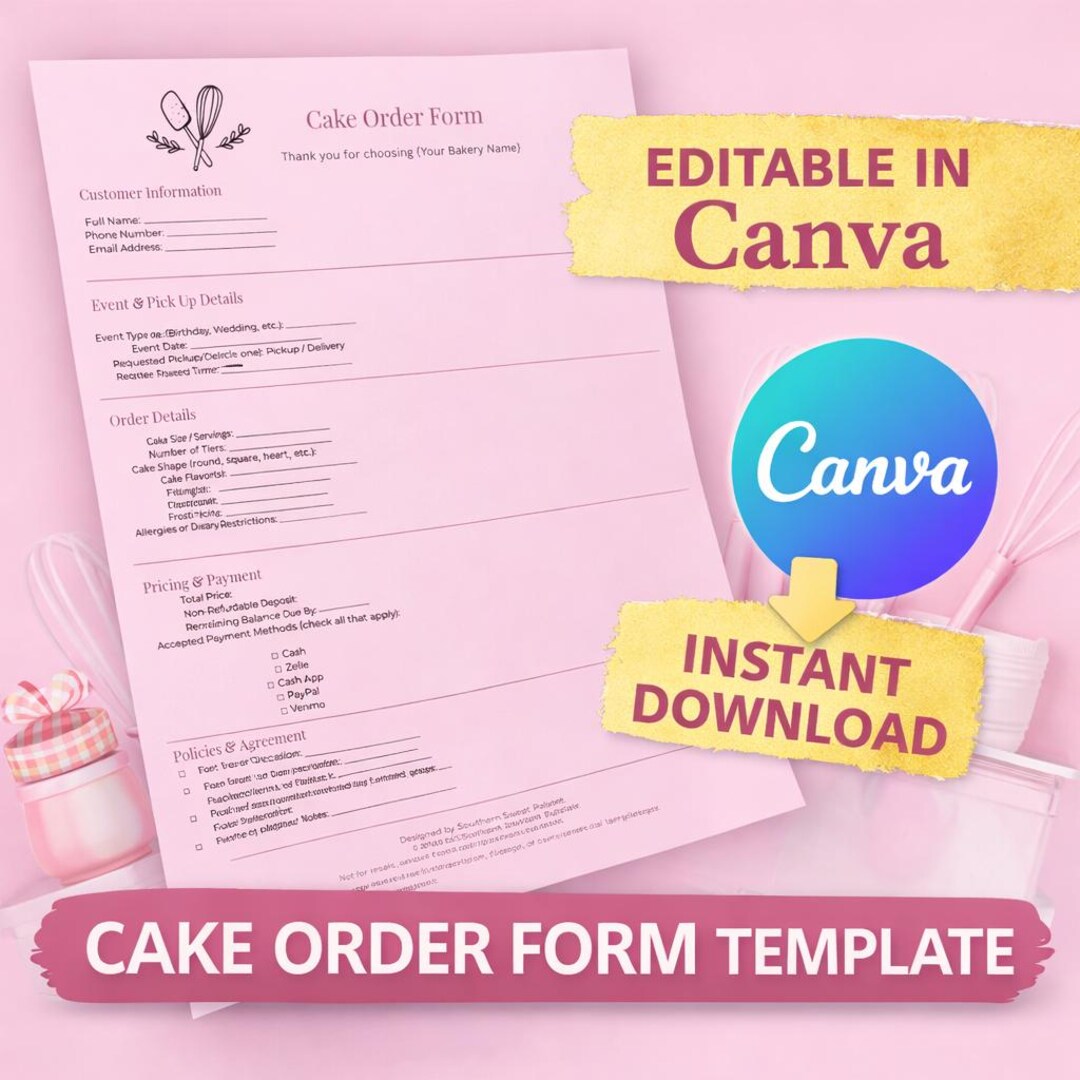 Cake Order Form Template | Editable Canva PDF | Custom Cake Order Form ...