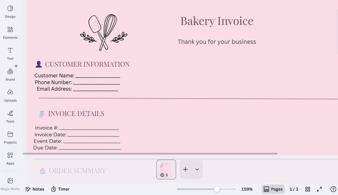 Bakery Invoice Template | Editable Canva PDF | Small Bakery Business ...