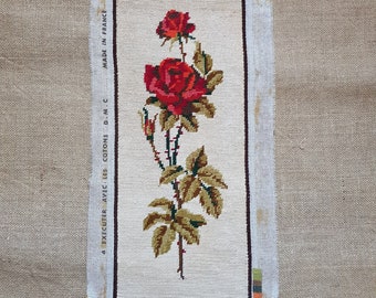 Vintage needlepoint rose finished needlepoint floral tapestry light background 7.2" x 19.0"