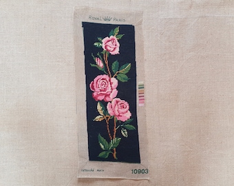 Three pink roses finished needlepoint vintage tapestry floral completed wall hanging black background 7.2" x 19.2"
