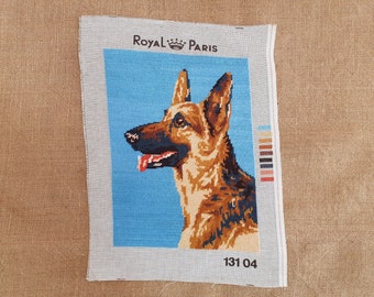 Dog needlepoint Vintage French completed needlepoint tapestry Alsatian dog Finished needlepoint 11.8" x 8.8"