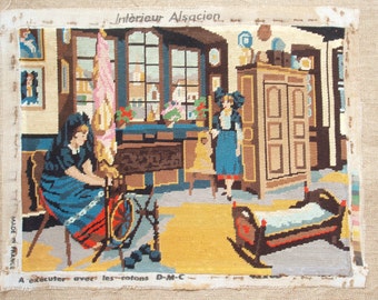 Vintage French needlepoint tapestry canvas embroidery - Alsacian home - Spinning