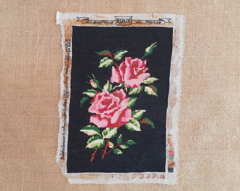 Rose needlepoint finished needlepoint vintage tapestry floral completed wall hanging black background 13.2" x 8.8"