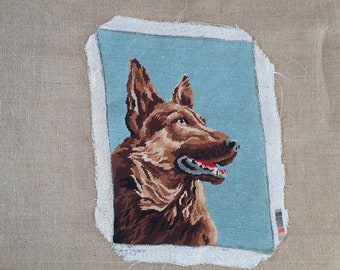 Dog needlepoint Vintage French completed needlepoint tapestry Alsatian dog Finished needlepoint 12.6" x 16.8""