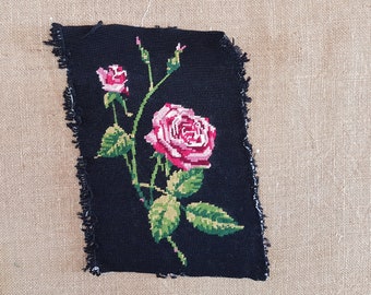 Vintage French completed rose needlepoint floral finished small tapestry black background 7.6" x 11.2"