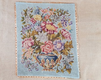 Large vintage needlepoint completed tapestry French embroidery bunch of flowers tapestry flowers in antic vase wall hanging 30.4" x 24.8"