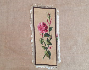 Vintage finished pink rose needlepoint floral completed French tapestry beige background 7.8" x 20.0"