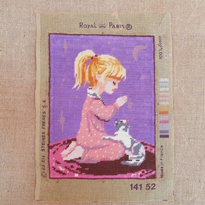 Finished needlepoint completed vintage French needlepoint tapestry Girl praying 8.8&quot; x 12.0&quot;