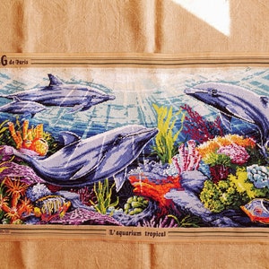 Sea bottom needlepoint exotic aquarium dolphins vintage French completed tapestry finished canvas 41.2&quot; x 21&quot;