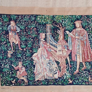 Stunning large vintage French completed needlepoint tapestry Dame a la Licorne Lady and the Unicorn Medieval Renaissance Cluny 44&quot; x 32&quot;