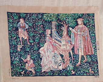 Stunning large vintage French completed needlepoint tapestry Dame a la Licorne Lady and the Unicorn Medieval Renaissance Cluny 44" x 32"