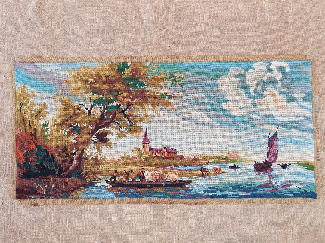 Large Ships Needlepoint Boat Ride Vintage French Completed Needlepoint ...
