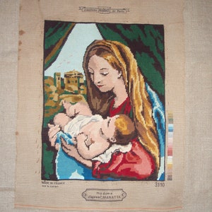 Beautiful vintage 70's hand stitched needlepoint finished tapestry. Virgin Mary and Jesus 14.4" x 18.6"
