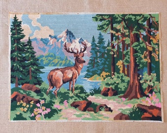 Large stag buck completed needlepoint vintage French finished tapestry 26.0" x 18.4"