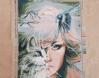 Completed vintage needlepoint tapestry wall hanging woman and cat allegory romantic hand made wall hanging 14.4" x 18.6"