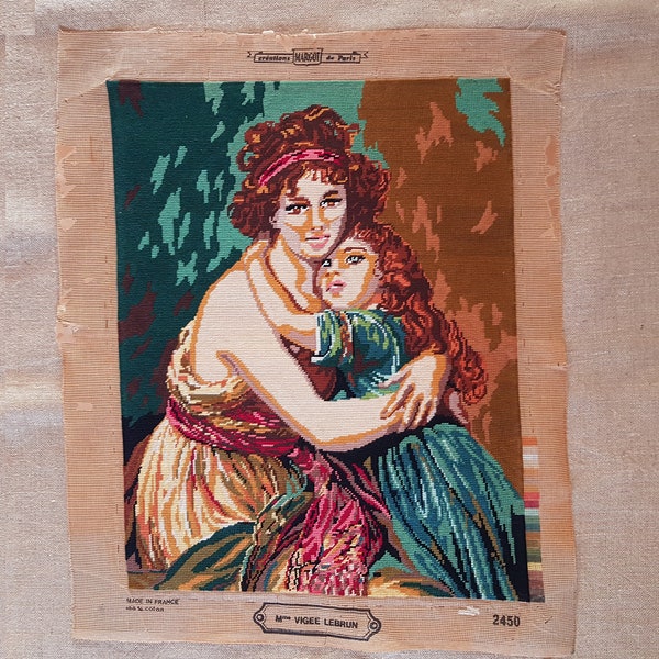 Tapisserie vintage Français finie à l’aiguille Mme Vigee Lebrun et sa fille 26.2 » x 20.4 »