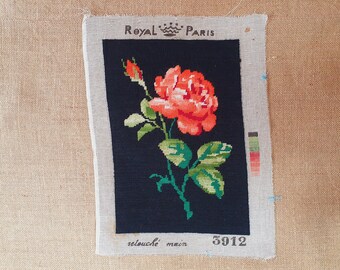 Vintage French completed rose needlepoint floral finished tapestry black background 12.4" x 8.6"