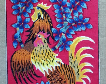 Modern vintage French needlepoint rooster and hen tapestry finished wall hanging unframed Lurcat Picard le Doux style 19.2" x 24.4"