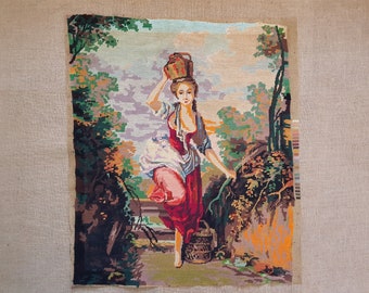 Vintage finished tapestry completed needlepoint French painter The milk woman after Huet 29.2" x 25.2"